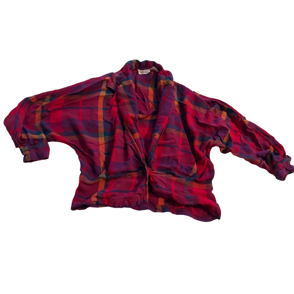 OS International Plaid Top Vintage Magenta Dolman‎ Sleeve Gathered Waist Size M